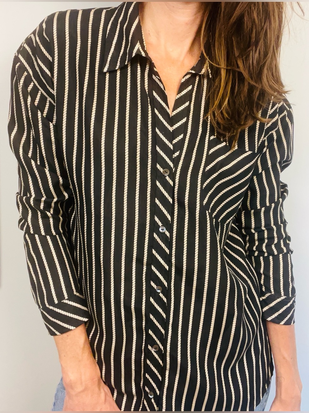 Vintage Diane von Furstenberg Silk Rope-Stripe Blouse – Black & Cream – M